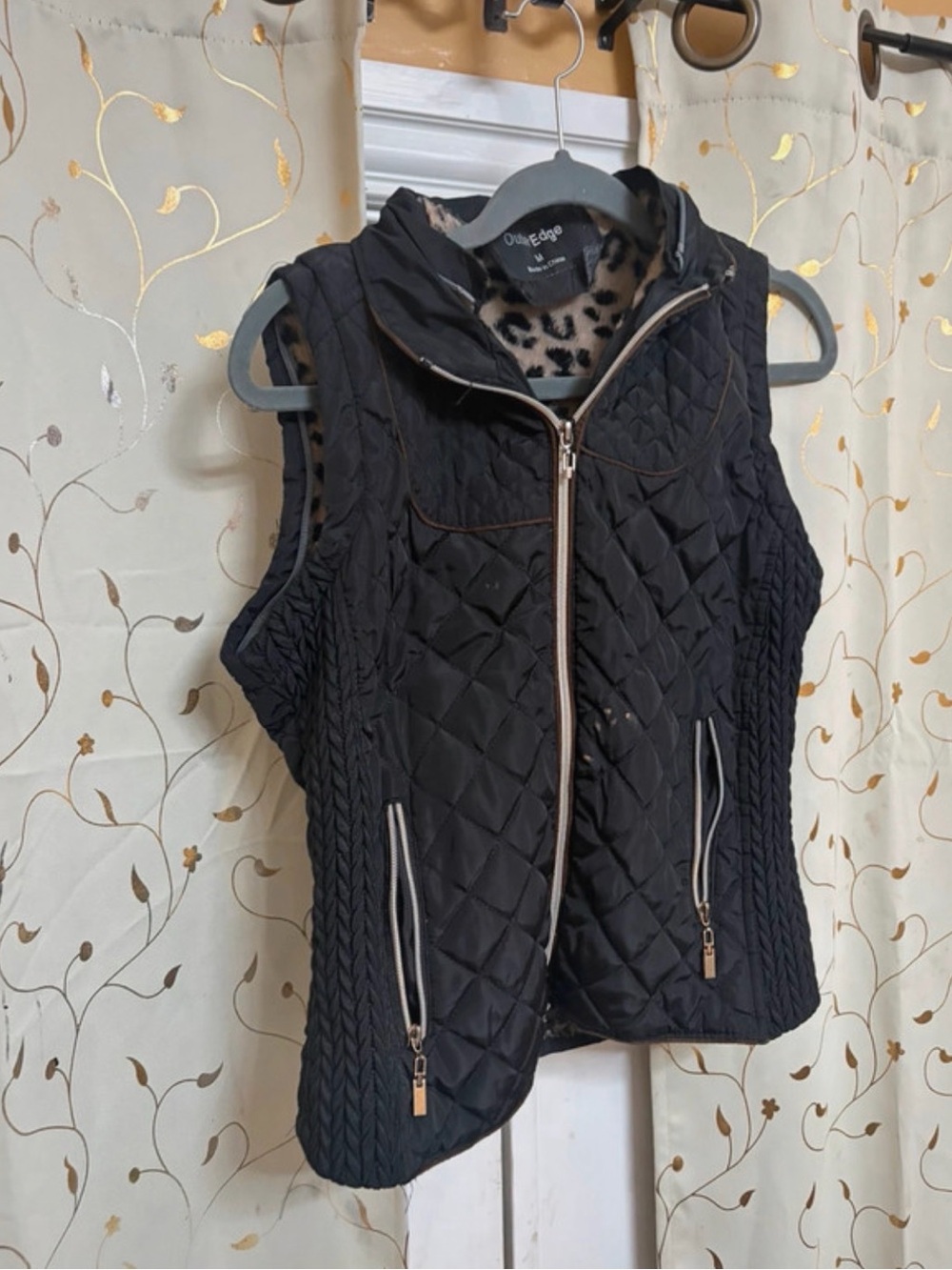 Outer Edge Black Quilted Hooded Vest with Leopard-Lined Hood